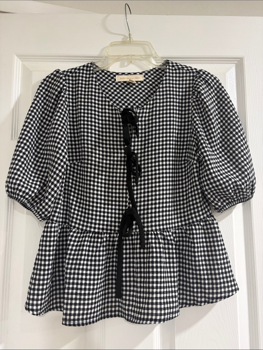 Black & White Gingham Peplum shirt with Bow Detail